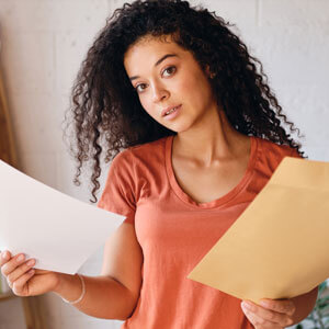 Canadian woman reading her home insurance policy, wondering if she's covered for wildfires.